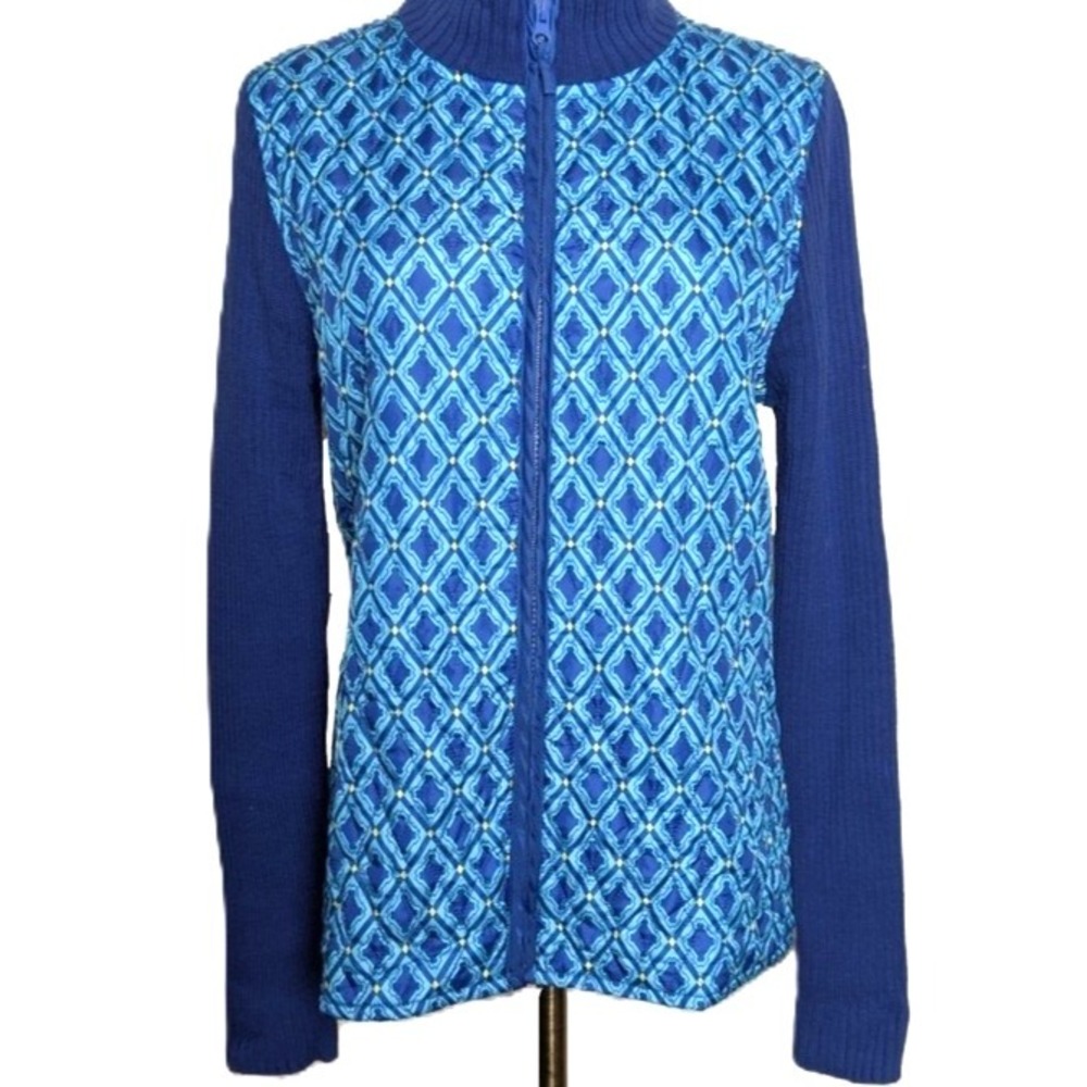 For Cynthia Quilted Front Ribbed Knit Full Zip Turquoise/Blue Sweater Jacket LG